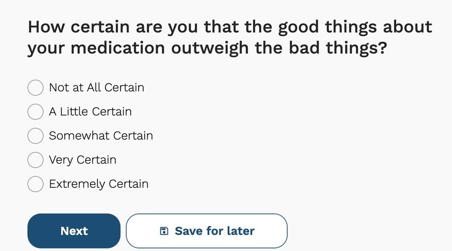 Survey question with Next and Save for later buttons