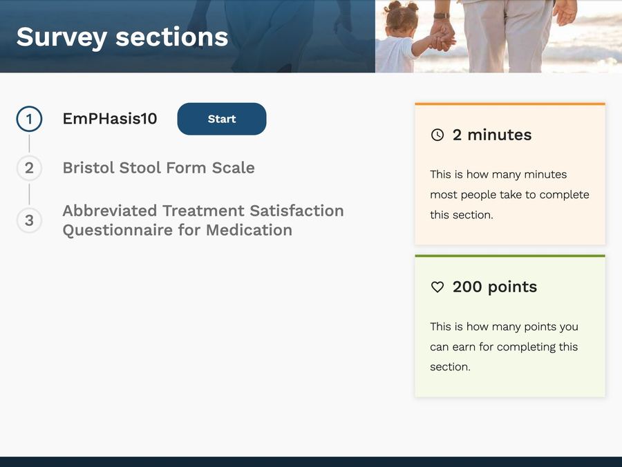 Survey sections showing time and points for each section